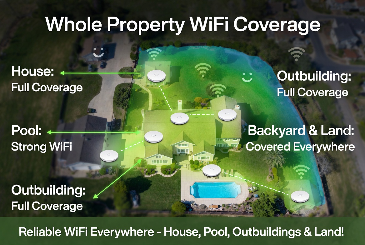 Whole-property WiFi coverage visualization showing network reach across property